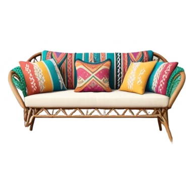 cozy bohemian living room with macrame wall hanging, plants, rattan furniture, and colorful cushions sticker