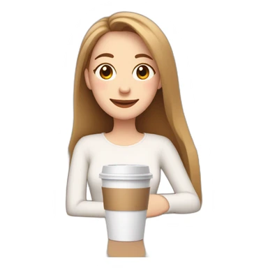 woman with pale skin and brown long thin straight hair wearing a white woolly shirt drinking coffee from a light pink takeaway cup eyes closed but smiling sticker
