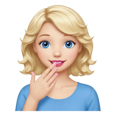 Girl Blonde short wavy hair,  blue eyes, cute blue top, long lashes, pink lips, smiling, hand covering the mouth sticker