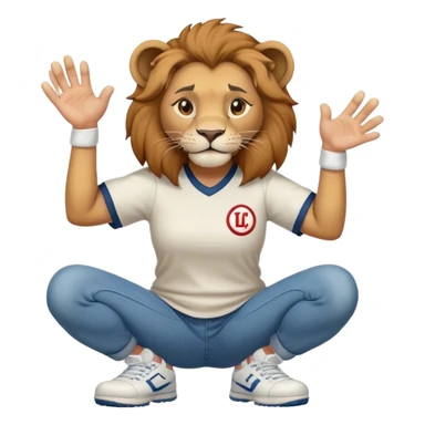 friendly anthropomorphised female lion wearing a baseball shirt, jeans, and trainers, in a squat position, empty hands sticker