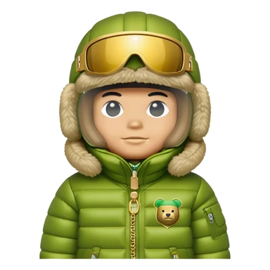 bearbrick with lime balaclava and logo tags, wearing large mirrored monolens ski visor shield covering entire upper face like sports goggles, puffy jacket with fur trim, gold chains sticker