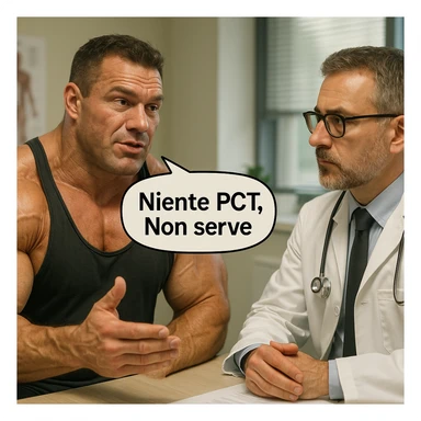 bodybuilder che dice ad una dottore "Niente PCT, Non serve", iper realistica sticker