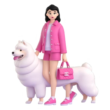 black-haired girl in pink Chanel style outfit with white Samoyed dog sticker
