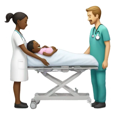 a woman gives birth and doctors stand nearby sticker