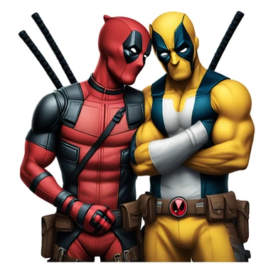 Deadpool standing back to back arms folded with wolverine sticker