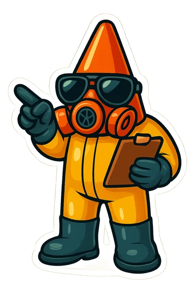 This character in retro sticker style, holding a clipboard and pointing, giving instructions, vibrant and clean with transparent background. sticker