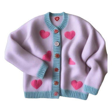Sage oversize wool open short cardigan with pink heart-buttons, isolated sticker