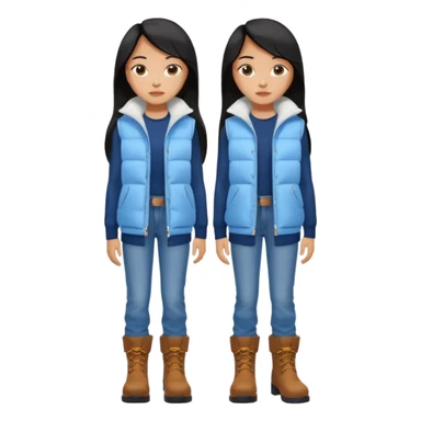 asin girl with black long slick backed hair wearing a dark blue long shirt and a puffy white sleeveless jacket on outside and light blue very baggy jeans with brown boots sticker