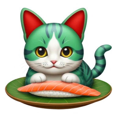 emoji di un gatto che tiene del sushi in mano, è verde con gli occhi azzurri ed un papillon rosso sticker