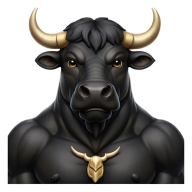 Cinematic Noble Black Bull Portrait Emoji, Poised and regal, with a massive, muscular build and a sleek, well-groomed pure black hide, deep-set soulful dark eyes, Simplified yet sharp and sophisticated features, highly detailed, glowing with a soft, dignified glow, high shine, intelligent and formidable, stylized with an air of strength, focused and attentive, soft glowing outline, capturing the essence of a watchful and confident guardian, so majestic it feels as though it could charge out of the screen with effortless authority! sticker