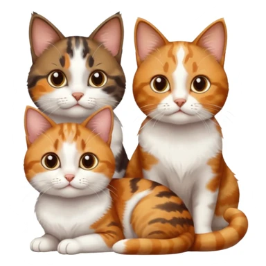 3 different coloured small cats including a dark brown tabby and white, and a patchy calico, and a ginger and white sticker