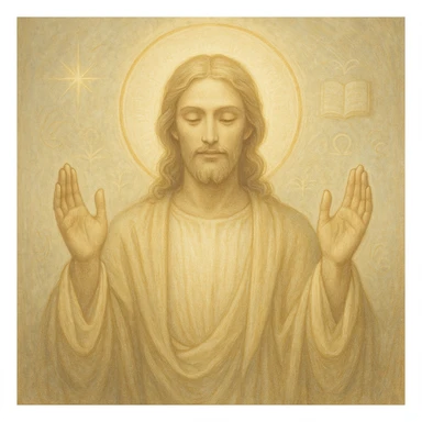 Christ Guardian of Mind, serene radiant figure with gentle halo, hands raised in gesture of protection, surrounded by soft light and subtle symbols of wisdom, spiritual and uplifting style sticker