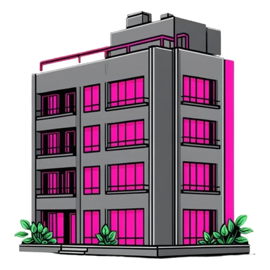 Soviet-era concrete panel apartment building with bright neon pink glow from a window where plants are growing sticker