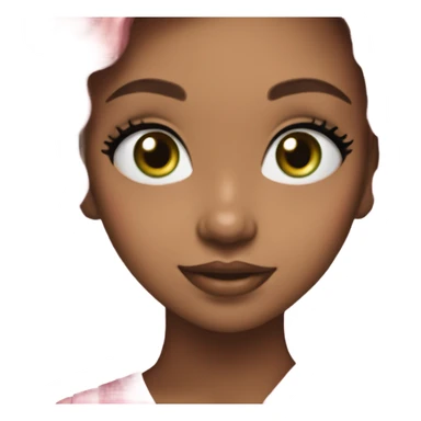 girl with brown hair and green eyes wearing a pink bow in her hair and she is smiling, she has white glitter eyeshadow sticker