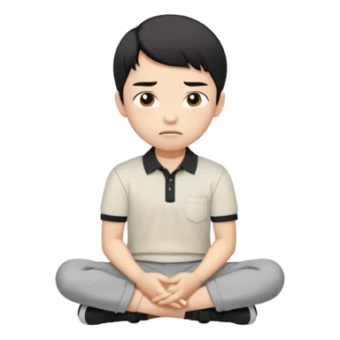 A cartoon young Asian boy with short black hair, light beige skin, and large expressive eyes, wearing a white polo shirt, gray pants, and black shoes. He sits cross-legged on the ground, one fist resting on his cheek, with a closed-mouth smirk. Clean lines, flat colors, solid black background. sticker