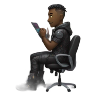 a male is working at his cyberpunk room sticker