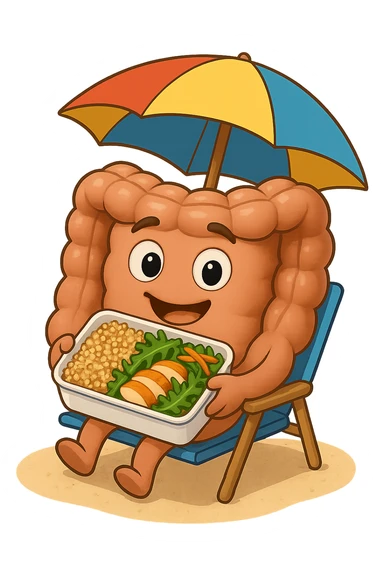 EMOJI STILE IPHONE DI INTESTINO IN SPIAGGIA SU UNA SPIAGGINA SOTTO L'OMBRELLONE CON IN MANO UNA SCHISCETTA DI Insalata di quinoa e pollo con rucola e carote, iperrealistica 4k sticker