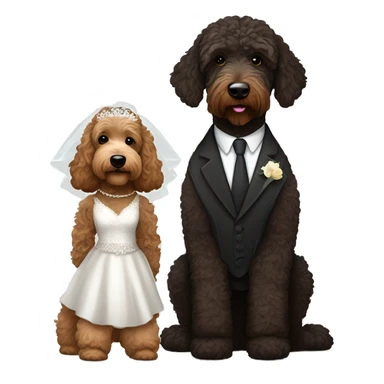 Black and brown bernadoodle in wedding dress and dark brown Australian labradoodle in suit sticker