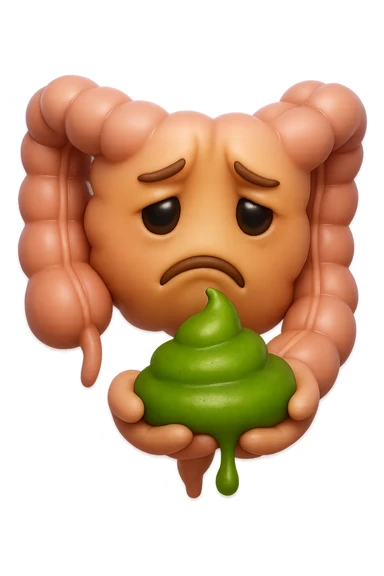 emoji stile iphone 3d di un intestino con espressione triste con cacca verde e liquida in mano , iperrealistiche 4k sticker