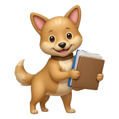 playful emoji dog carrying several resumes in its mouth, tail up, no hands, clean and iconic sticker