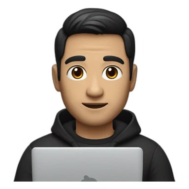     memoji of a man with a laptop in front, apple-style,modern,dark hair,black sweater,computer in hand, srilankan white skin, an avatar image gonna be round  sticker