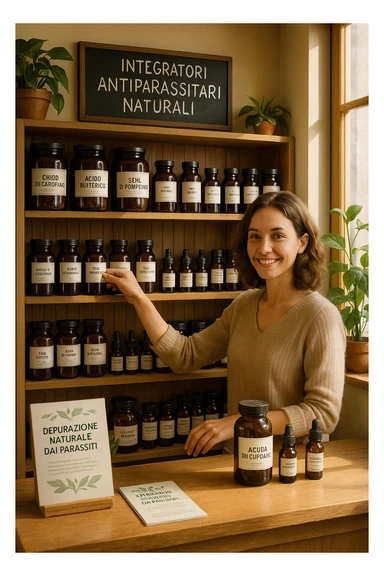 A realistic, well-lit herbal supplement store interior with wooden shelves neatly displaying glass jars and bottles labeled as ‘Chiodi di Garofano’, ‘Acido Butirrico’, and ‘Semi di Pompelmo’, organized in a clean and aesthetic manner. Small handwritten chalkboard signs indicate ‘Natural Antiparasitic Supplements’ above the section. The environment feels warm and trustworthy, with potted green plants adding freshness and a subtle sunlight entering through a window. A young shop assistant with a welcoming smile arranges the products, while informational leaflets about natural parasite cleansing are visible on a wooden counter, creating a holistic and health-conscious atmosphere in Italiano sticker