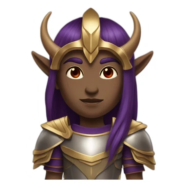 Humanoid with purple skin color, red eyes, pointed ears and Oni horns, has long straight brown hair, and wears royal Roman armor in gold sticker