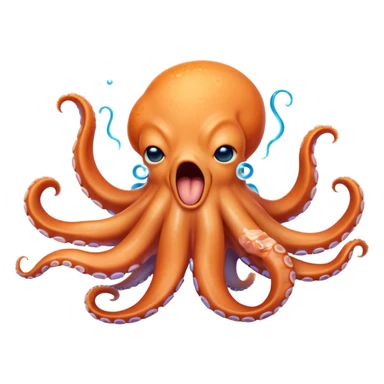 Cinematic Cute Yawning Octopus Portrait Emoji, Head tilted slightly with a dramatic, wide-open yawn, showcasing a plump, light orange body decorated with delicate blue rings and loosely draped arms with sleepy, half-closed eyes, Simplified yet irresistibly adorable features, highly detailed, glowing with a soft, cozy underwater glow, high shine, relaxed yet expressive, stylized with a hint of whimsical aquatic charm, soft glowing outline, capturing the essence of a drowsy yet affectionate octopus that appears ready to stretch and yawn its way out of the screen! sticker