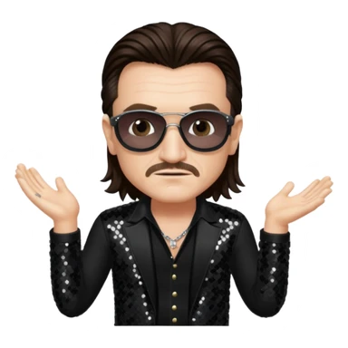 Bono from U2 with long dark brown hair, black sequin outfit  sticker