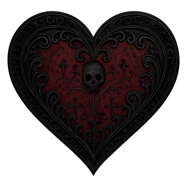 goth heart, black and deep red, ornate lace, subtle skull or cross motif, moody atmosphere, no background sticker