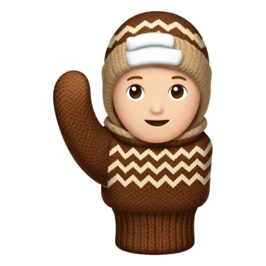 thumbs up fist in brown knit mitten with zig-zag beige pattern, no face sticker