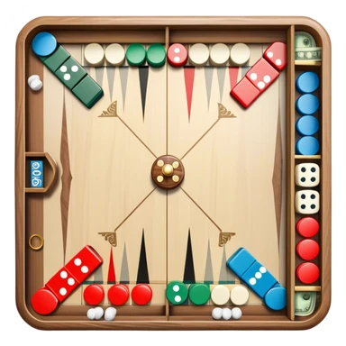 A photorealistic icon featuring a backgammon board with dice, a Monopoly board with money and property cards and a Game of Life spinner. The design captures the detailed textures of the boards, pieces, and accessories. Transparent background. sticker