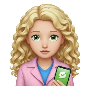A white girl with long blonde curly hair and blue and green eyes wearing light pink sticker