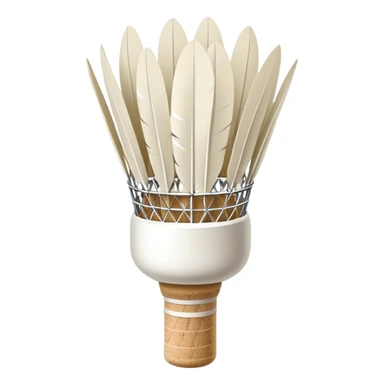 a common badminton shuttlecock with white feathers and cork base sticker