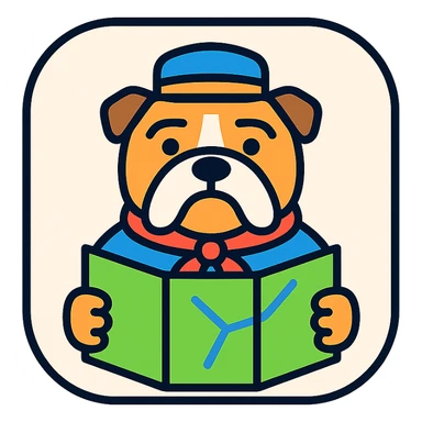 english bulldog tour guide as a web button icon holding a map, color outline style sticker