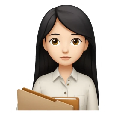 a light tan woman with long black hair past mid-back, round brown eyes, white button up shirt. holding manila folder sticker