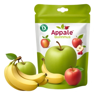 Ein weicher, bunter Standbeutel für Kinder, gefüllt mit püriertem Obstmus. Oben hat er einen kleinen wiederverschließbaren Schraubverschluss, aus dem Kinder direkt trinken oder saugen. Verpackung wie Babynahrung-Beutel aus dem Supermarkt, mit fröhlichem Obst-Design (Apfel, Banane, Erdbeere). sticker