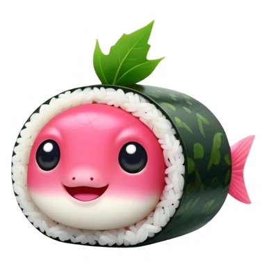 Cute Kawaii Maki Sushi Roll, small and round, wrapped in soft dark green seaweed, tiny grains of rice peeking out, a bright pink fish filling, a cheerful smiling face! sticker
