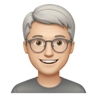 30 yr old pale white man, grey side swept hair, round glasses, big smile, white teeth, handsome, longer hair, thin glasses sticker