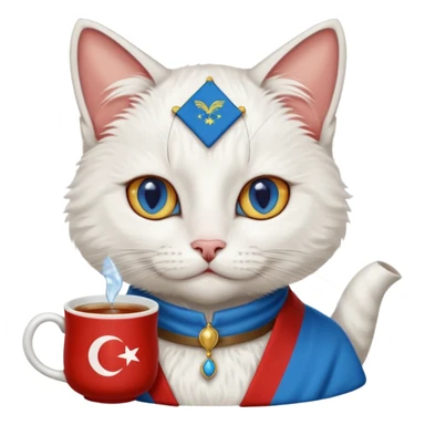 Arkasında Türk bayrağı olan  ve çay içen kafasına fes takan bir van kedisi sticker