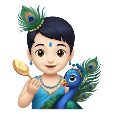 baby krishna, blue skin, medium length black hair, peacock feather in hair,eating butter sticker