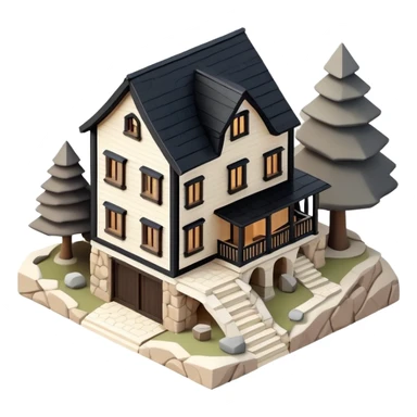 Isometric exterior little black, beige, and white mountain house, dollhouse style 3D realistic  sticker