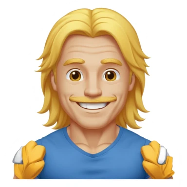 muscled happy guy, long yellow hair, blue t-shirt sticker