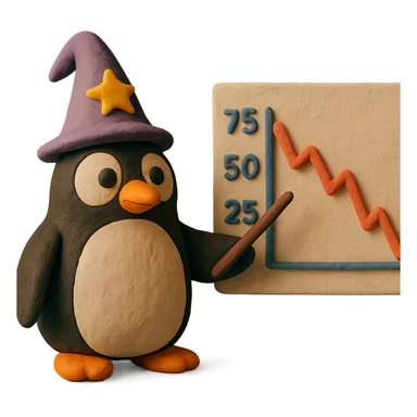 penguin wizard pointing to a stock chart with numbers going down sticker