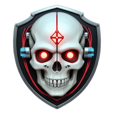 Cyberpunk shield, skull with cybernetic implants, glowing wires, dark electric red and black tones, no background sticker