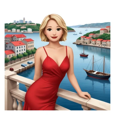 jennifer lawrence, red dress leaning on a balcony with a harbor and cityscape in the background, smiling sticker