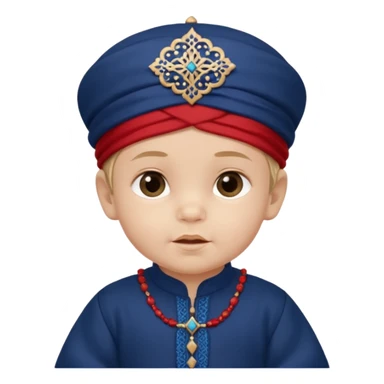  Caucasian baby boy dressed in a dark blue ghalibiya with delicate decorations with a Red Moracain hat  sticker
