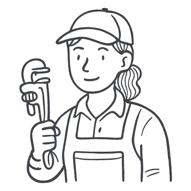 female plumber, woman in work clothes holding a pipe wrench, simple lines, hand drawn outline style sticker