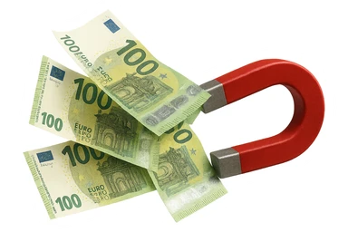 banconote di euro fluttuano vicino ad una calamita rossa, sono attratte, iperrealistico 4k sticker