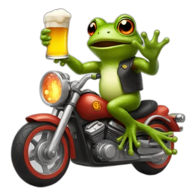 Frog riding motorcycle with fire exhaut and beer in one hand sticker